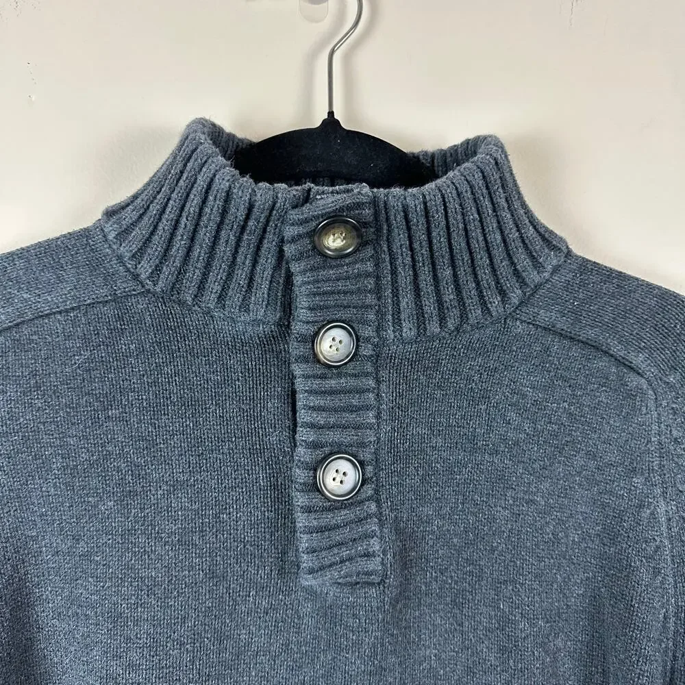 J.Crew Cobalt Gray Cotton Mock Neck Button Sweater Mens M Ribbed Collar Pullover